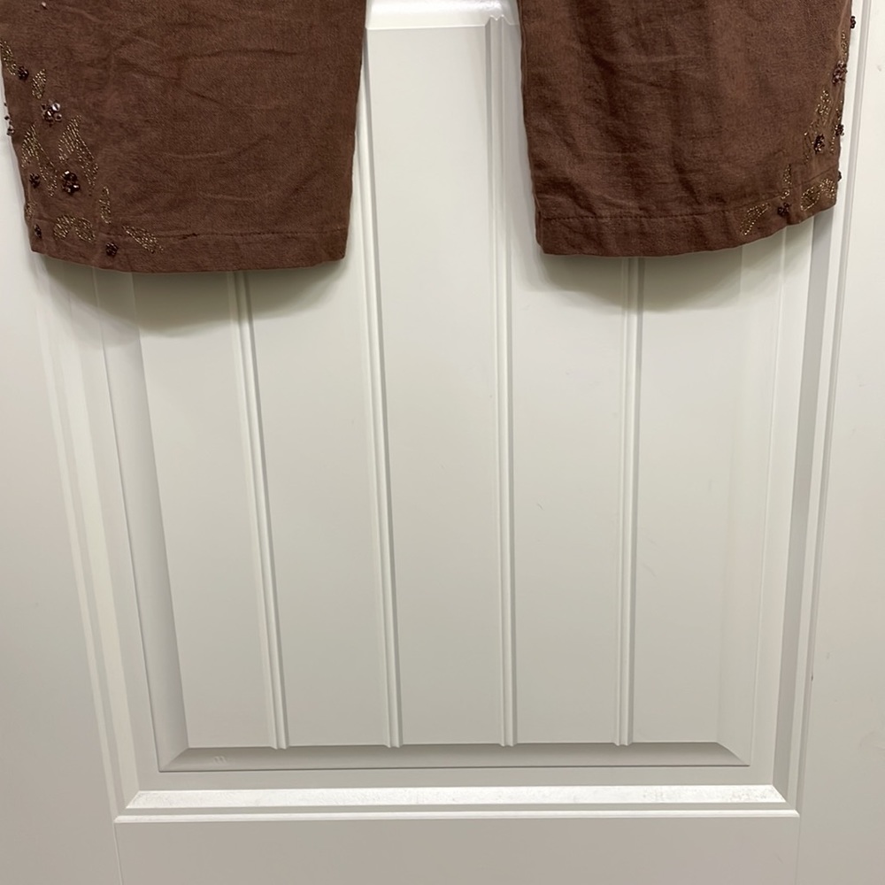 Selene Sport drawstring Pants brown XL Wide Leg bead design linen blend - Picture 6 of 6